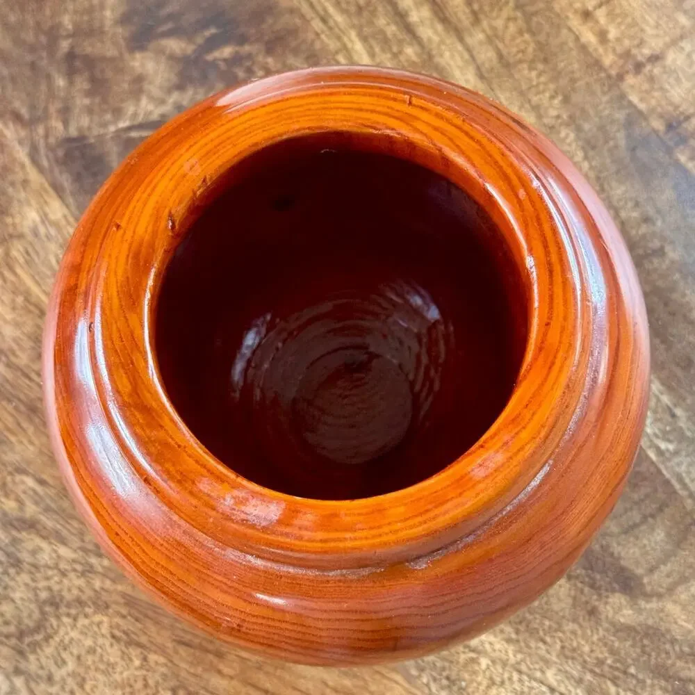 Vintage Hand Turned Wood Vase Lacquered Handmade Rustic Planter Glossy 5” - Picture 4 of 9